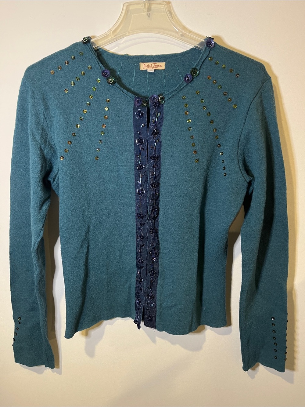 Vintage Dick and Jayne Teal Cardigan with Navy Floral Trim and Bead Accents